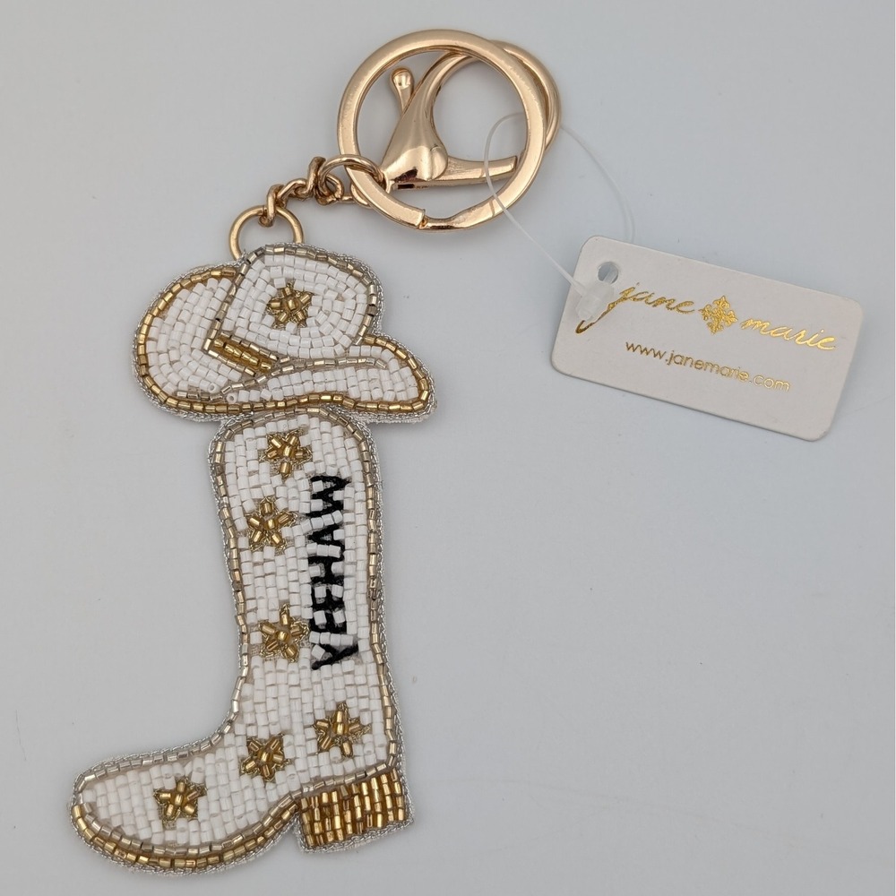 Jane Marie Yeehaw Beaded Keychain Cowboy Boot Hat White Gold Western Purse Charm
